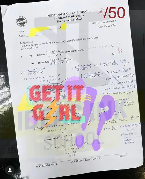 Methodist Girls' School Additional Mathematics time practice, scored 46 out of 50