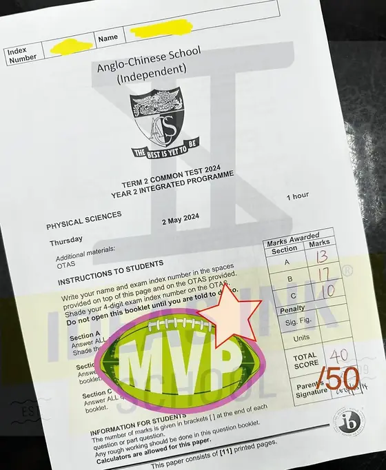 ACS (Independent) Year 2 IP Physical Sciences common test, scored 40 out of 50